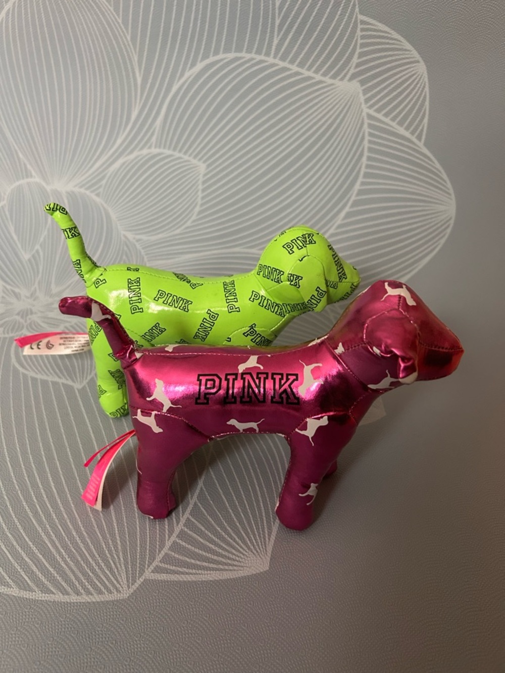 PINK Victoria's Secret Metallic Hot Pink and Neon Green Dog Plush Duo